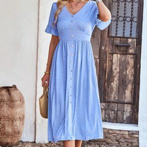 Pastel Blue Gathered Detail Buttoned V-Neck Midi Dress